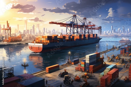 A bustling seaport with container ships, cranes, and break bulk cargo operations. Generative AI