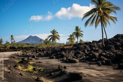 A scenic view of a volcanic landscape featuring palm trees  rocks  and a clear blue sky with fluffy clouds. Generative AI