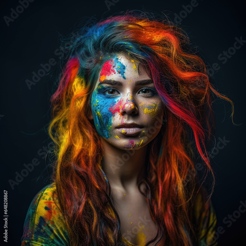 A beautiful Caucasian woman covered in colorful paint and dust, representing a creative concept. Generative Ai, Ai.