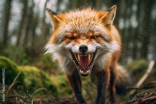 Angry fox with blurred background in the forest