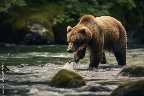 Bears catch fish in fast flowing water photo