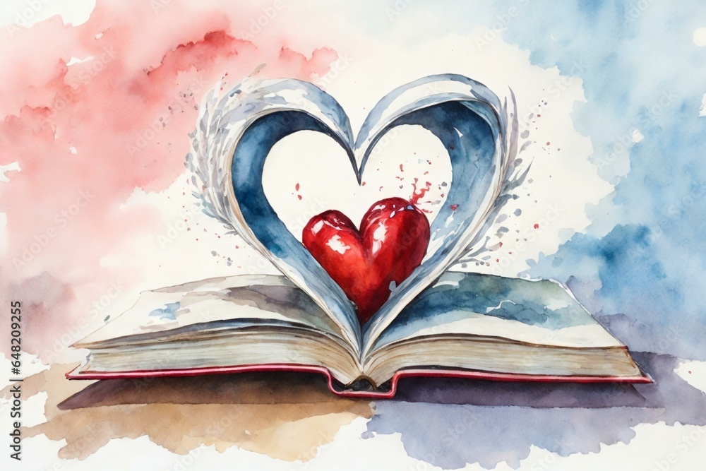 watercolor heart shape in open book pages