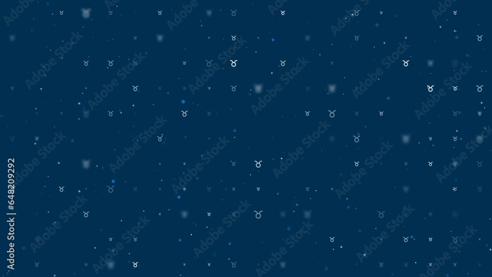 Template animation of evenly spaced zodiac taurus symbols of different sizes and opacity. Animation of transparency and size. Seamless looped 4k animation on dark blue background with stars Template animation of evenly spaced zodiac taurus symbols of different sizes and opacity. Animation of transparency and size. Seamless looped 4k animation on dark blue background with stars