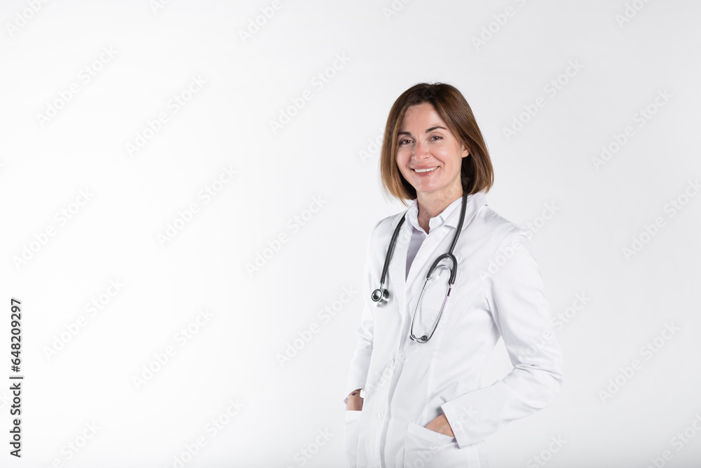Young attractive female doctor standing and smiling isolated on white background	