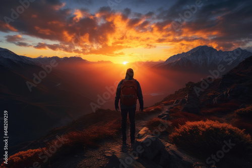 A person captures a breathtaking sunset as they hike  appreciating the beauty of nature and its positive impact on mental wellbeing. Generative Ai.