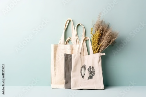 Set of reusable cotton eco bags. responsible consumption, eco-friendly concept, Generative AI   photo