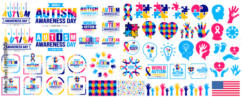 big mega set of World autism awareness day puzzle pieces, typography, sticker, puzzle pieces love, ribbon, people raising hands, autism baby head,  social media post banner, background, banner bundle.