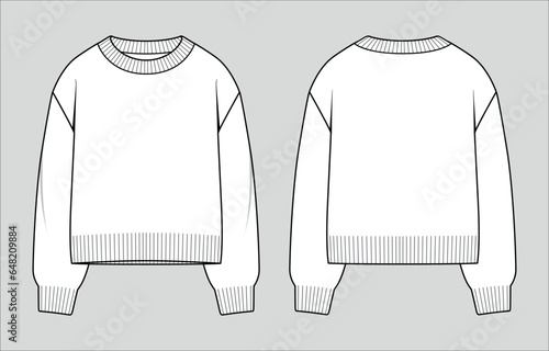 Round neck jumper. Women's oversized knit sweater. Vector technical sketch. Mockup template.