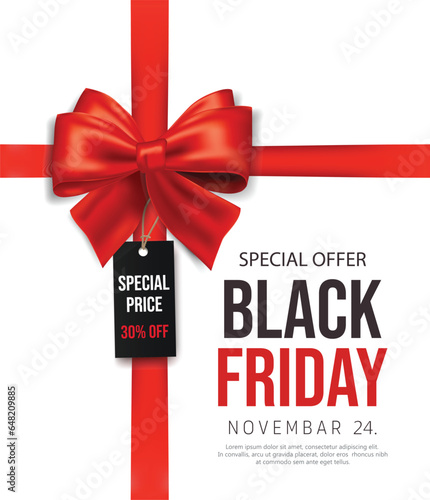Decorative black bow with ribbons and price tag isolated on white for black friday sale design. Vector illustration