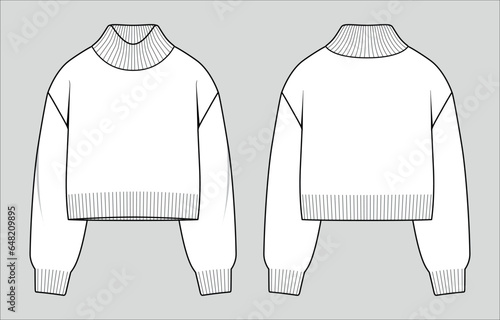 Turtleneck cropped jumper. Women's oversized knit sweater. Vector technical sketch. Mockup template.