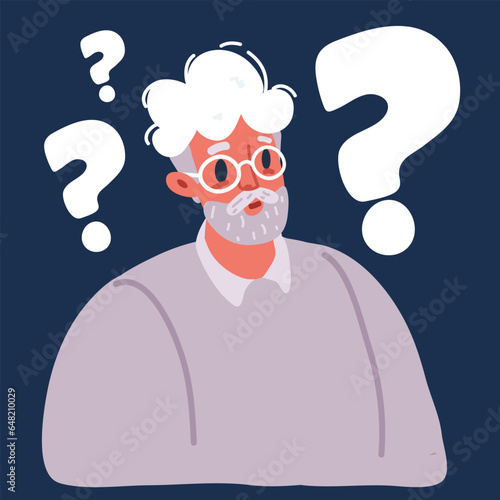 Cartoon vector illustration of Old man old man who is confused, questioning. Want to find answers. People around the question mark. Grandfather expressions. Dementia, memory impairment
