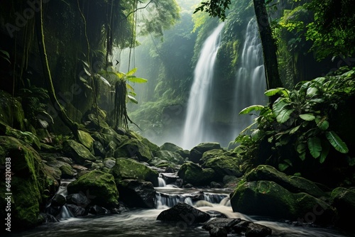 Stunning secluded waterfall in Bali rainforest. Generative AI © Elodie