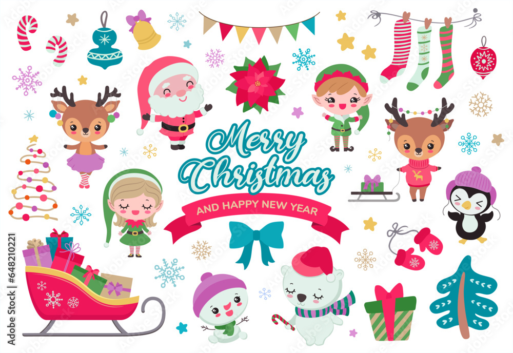 Cute Christmas clipart kawaii icon set. Xmas festive collection cartoon children vector illustration. Kawaii santa claus, christmas elves. reindeer, polar bear, penguin. Winter woodland animals. Cute Christmas clipart kawaii icon set. Xmas festive collection cartoon children vector illustration. Kawaii santa claus, christmas elves. reindeer, polar bear, penguin. Winter woodland animals.