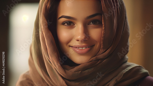 photograph of Smiling ethnic young woman in hijab. telephoto lens realistic natural lighting generative ai