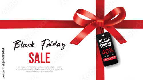 Decorative black bow with ribbons and price tag isolated on white for black friday sale design. Vector illustration
