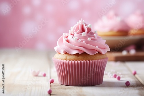 Pink cupcake muffin with cream on wooden background. Generative AI