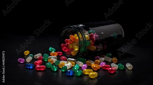 A glass bottles of capsule lies on a ground and colorful pills are scattered on the ground. Generative AI