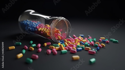 A glass bottles of capsule lies on a ground and colorful pills are scattered on the ground. Generative AI