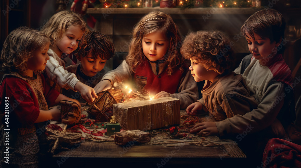 portrait of children and adults exchanging Christmas gifts, super quality. portrait of children and adults exchanging Christmas gifts, super quality.