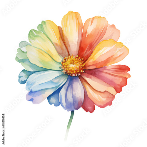 Bright watercolor flower in rainbow colors, single element on a white background
