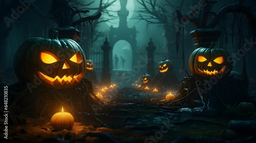 Spooky scary dark Night forrest. Halloween pumpkins in the forest at night. 3D rendering. Halloween background with Evil Pumpkin. Holiday event halloween banner background concept. 