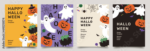 Set of trendy minimal Halloween posters with funny ghosts, pumpkins, bats and modern typography. Festive background, cover, sale banner, flyer design. Template for advertising, web, social media.