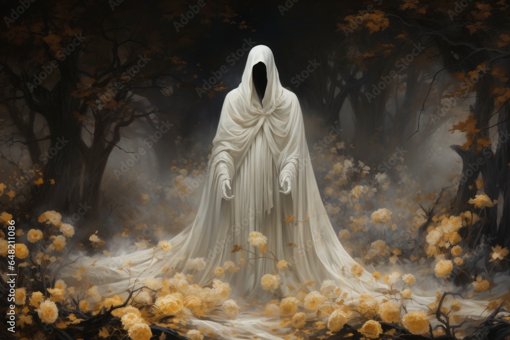 A painting with a ghost among light-colored roses. A painting with a ghost among light-colored roses.