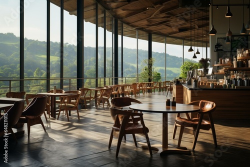 Well-lit coffee shop with expansive windows overlooking the countryside. Generative AI