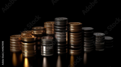 Different Stacks of all type of shiny crypto currency coins isolated on black background. Generative AI.