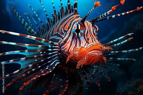 An up-close view of a venomous lionfish with its distinctive spines, vibrant patterns, and mesmerizing presence. Generative AI