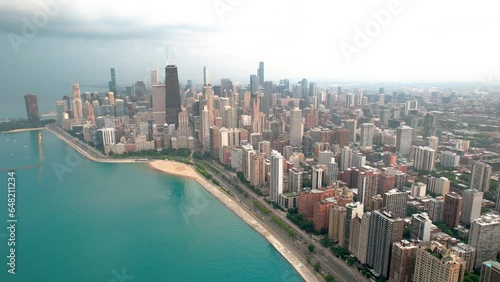 Chicago skyline aerial drone view from above, lake Michigan and city of Chicago downtown skyscrapers cityscape bird's view from Lincoln park, Illinois, USA photo