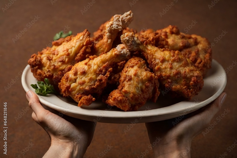 Fried chicken drumsticks on a white round plate