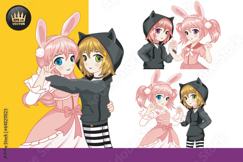 illustration cartoon cute girl friendship rabbit and cat