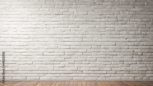 White brick wall with wooden floor and copy space for your text.