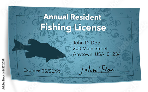 Here is a generic mock fishing license with the image silhouette of a small mouth bass in the design. This is a 3-d illustration about sport fishing.