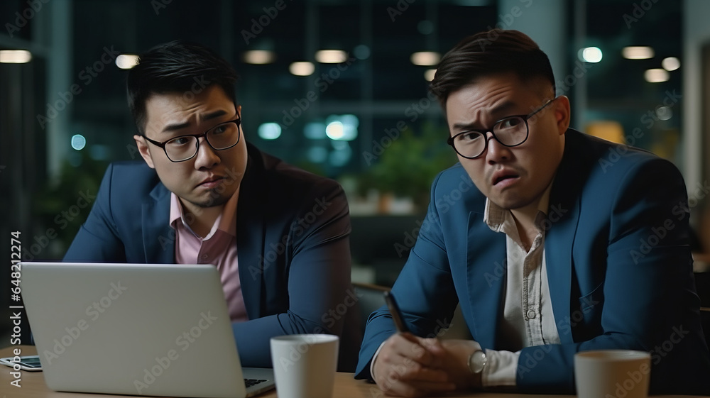 Caucasian and Asian businessmen are constantly watching over the Internet through their computers, feeling stressed and upset, look like bad news on screen.generative ai Caucasian and Asian businessmen are constantly watching over the Internet through their computers, feeling stressed and upset, look like bad news on screen.generative ai