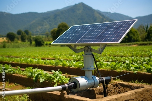 Renewable water pump fueled by solar energy - combined with agriculture to form an eco-friendly agrovoltaic system. Generative AI photo