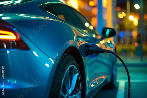 extreme close up photo of an electrical car charging at a gas station generative ai © LomaPari2021