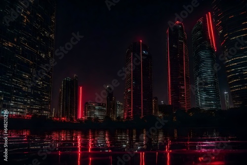 A low-angle shot of a city at night with some red lights - AI Generative