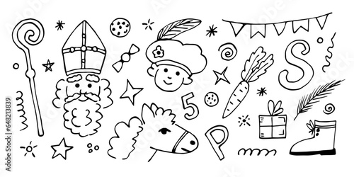Simple hand drawn symbol set, St. Nicholas Day celebration. Sinterklaas, traditional holiday. Ink sketch, doodle drawing.