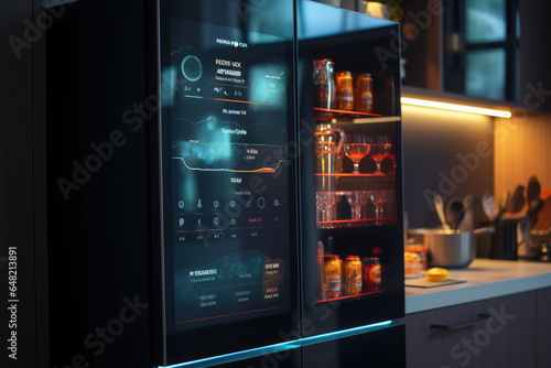 A smart refrigerator with a touchscreen display showing a digital grocery list and recipes. Generative Ai.