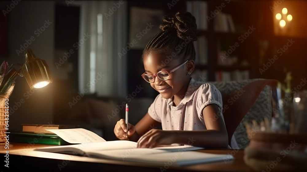 Happy african american child school girl doing homework while sitting at desk at home Happy african american child school girl doing homework while sitting at desk at home