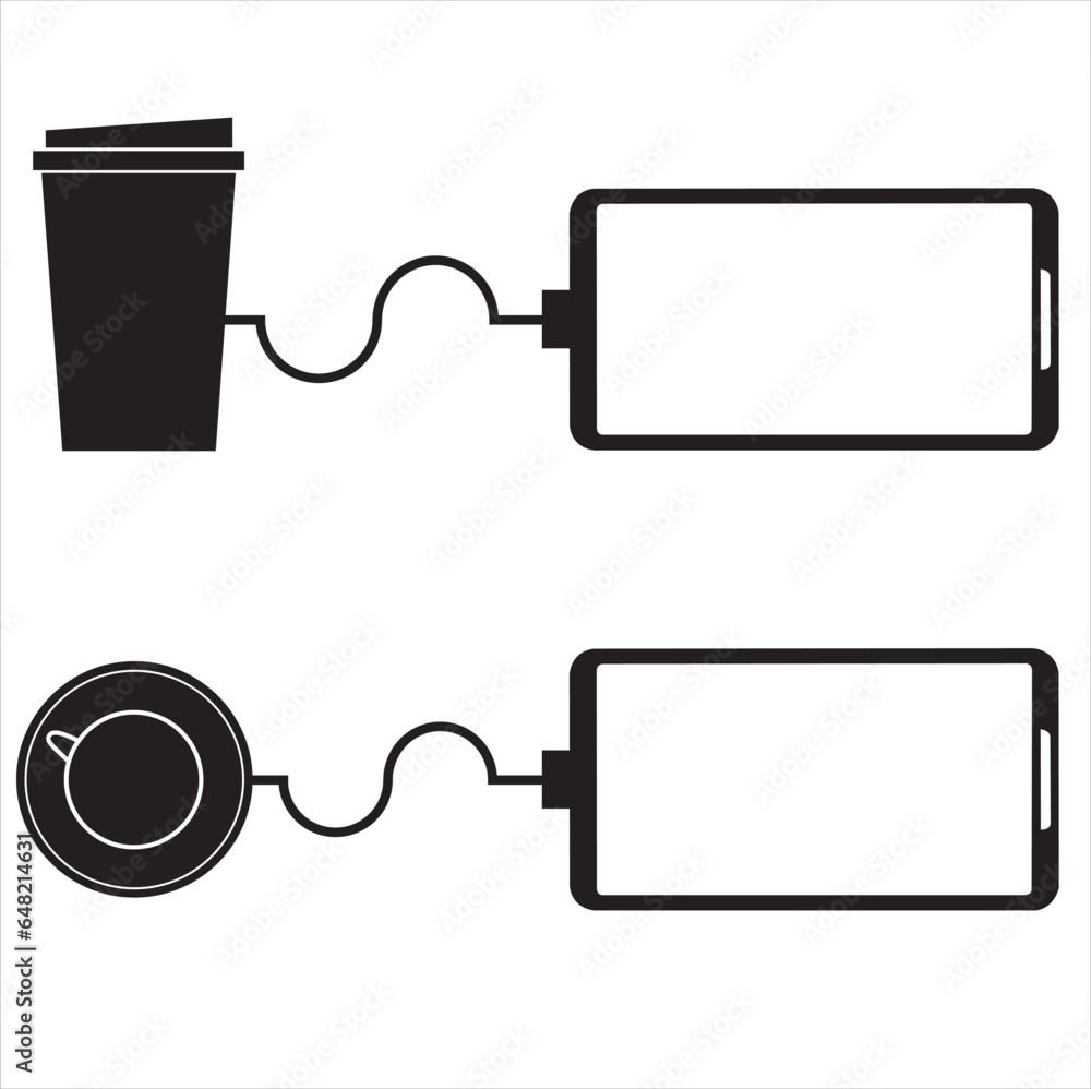 Obraz premium Teléfonos móviles enchufados a un café sobre un fondo blanco. Vector