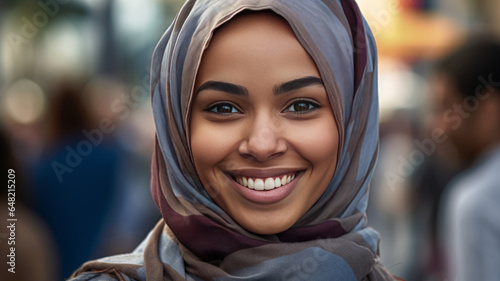 photograph of Smiling ethnic young woman in hijab. telephoto lens realistic natural lighting Generative AI.
