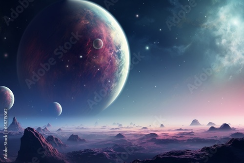 a digital illustration of a planet and its moons in a pastel background.