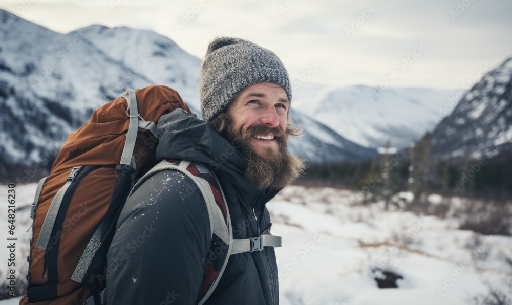 A winter portrait of a bearded man with a backpack, hiking through the snowy mountains, showcasing the beauty of the Nordic winter landscape.