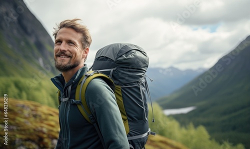 A close-up portrait of a smiling middle-aged man in a jacket with backpack hiking in the Scandinavian mountains during an overcast autumn day.