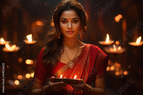Indian woman holding diya or oil lamp in hand. diwali festival concept.