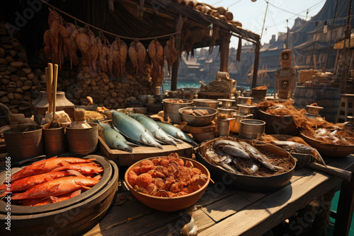 A seafood market in a coastal town, displaying the catch of the day and emphasizing seafood's importance in coastal cultures. Generative Ai.