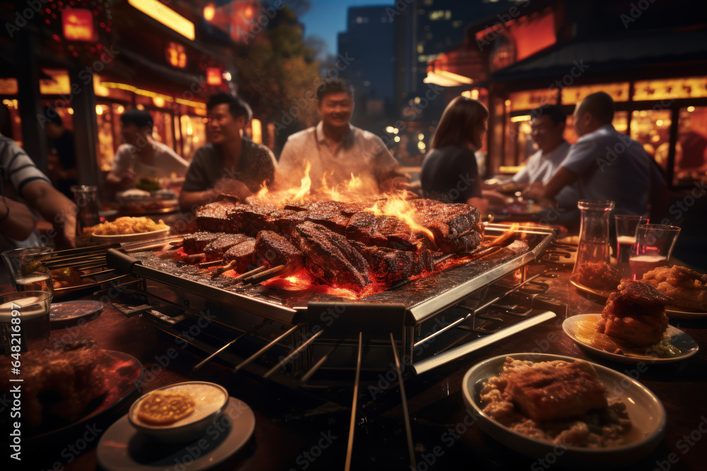 A Korean barbecue restaurant with diners grilling meat at the table, showcasing interactive dining experiences. Generative Ai.